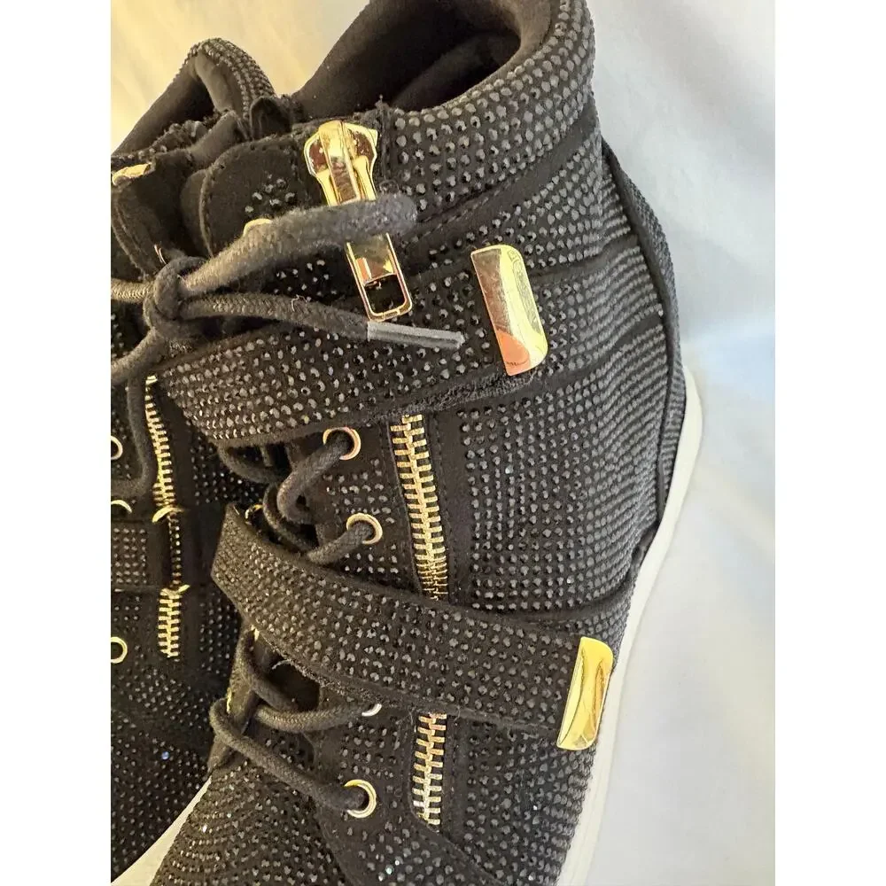 INC International Concepts Debby Rhinestone Wedge Sneakers Black Gold Sz 10